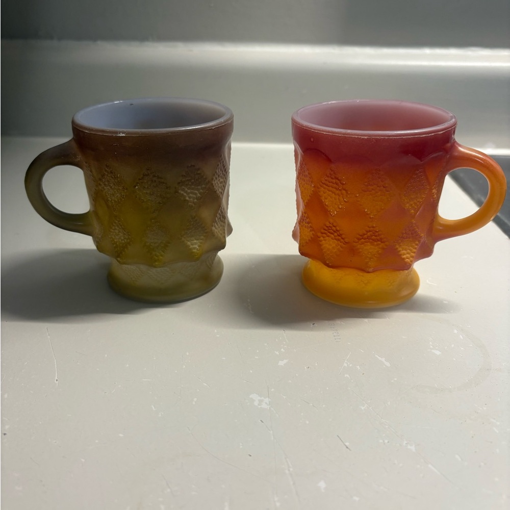 Fire King Kimberly Diamond Pattern Mugs - Brown and Orange ombré